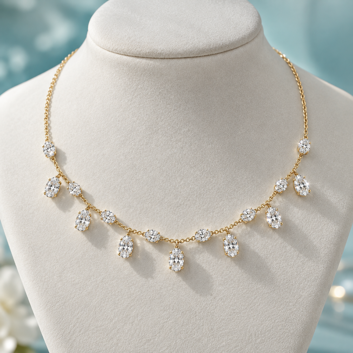Dancing oval-cut lab-grown diamond pendant necklace set on a delicate gold chain.


