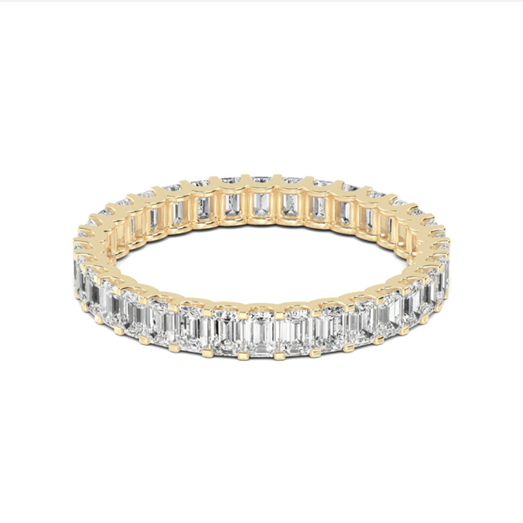 Emerald cut eternity wedding band lab grown diamond yellow gold