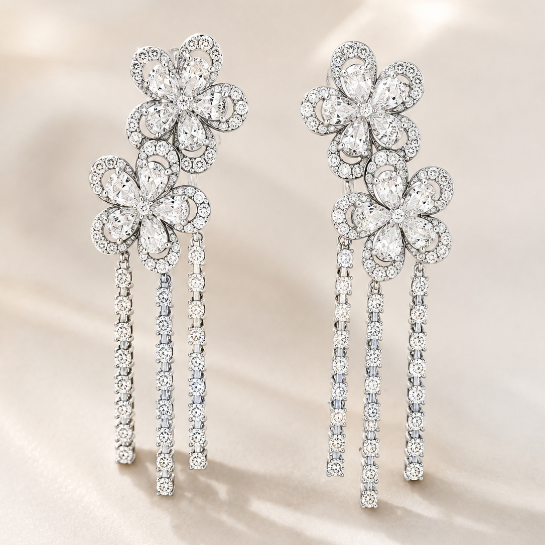 Floral Diamond Tassel Drop Earrings | Lab Grown Diamonds in 18K White Gold | Trellis