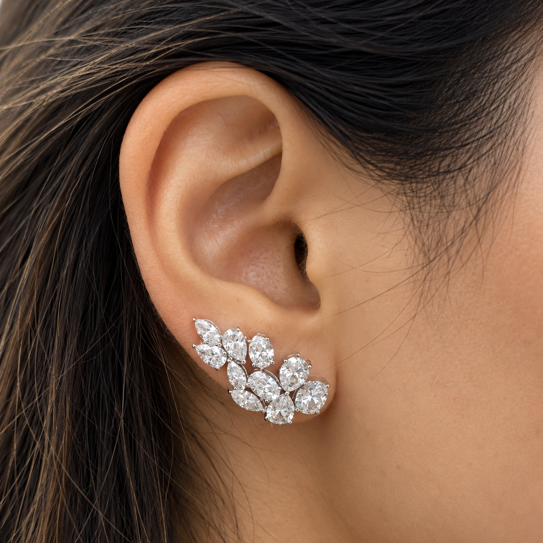 Trellis Éclat multi-shape lab-grown diamond cluster earrings displayed on model ear 