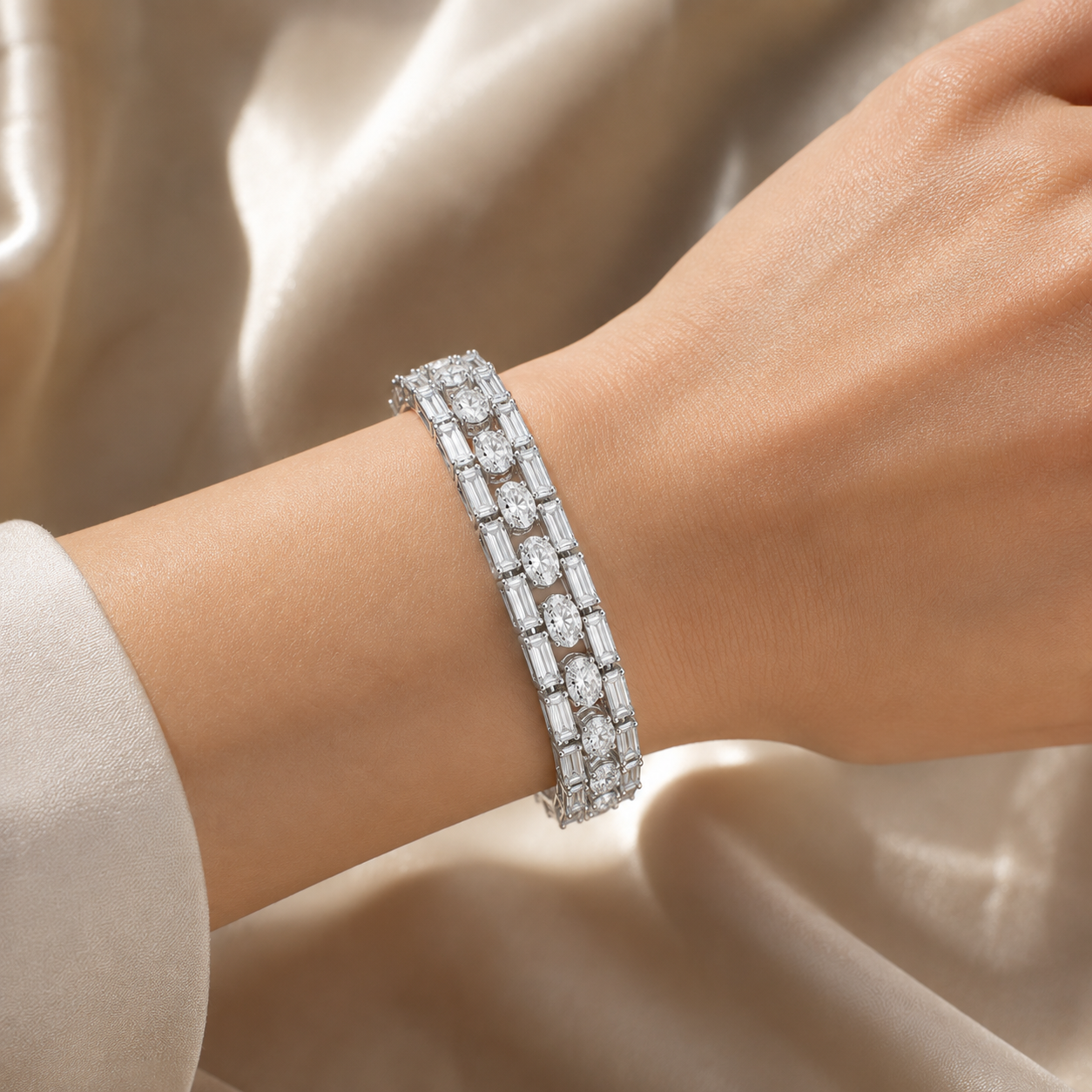 Oval & Baguette Lab Grown Diamond Tennis Bracelet in 18K White Gold by Trellis featuring oval-cut and baguette-cut IGI certified lab grown diamonds.