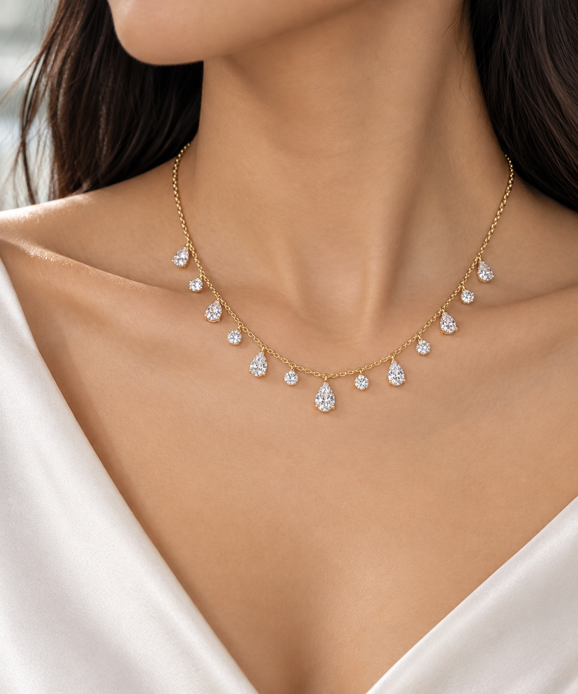 Pear-shaped lab-grown diamond dancing pendant necklace on a delicate gold chain.

