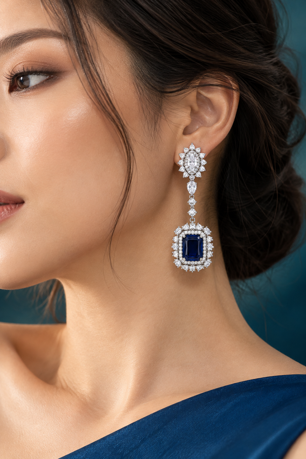Asian model wearing Trellis Aurelia lab grown blue sapphire and diamond statement drop earring in 18K white gold.
