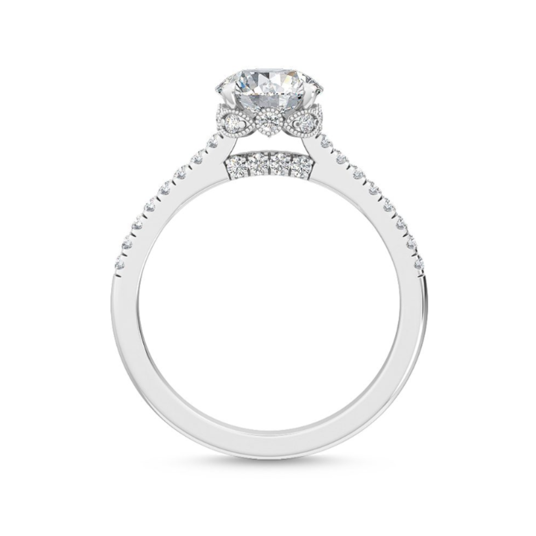 Lunar Round Brilliant Lab Grown Diamond Engagement Ring 18k White Gold side angle the details of the ring