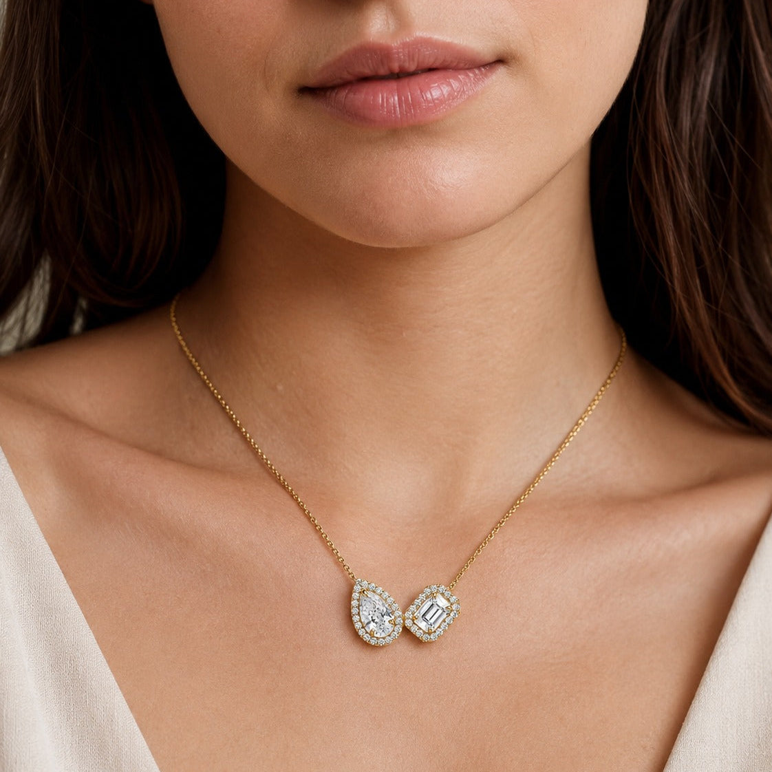 pear and emerald cut lab grown diamond pendant halo