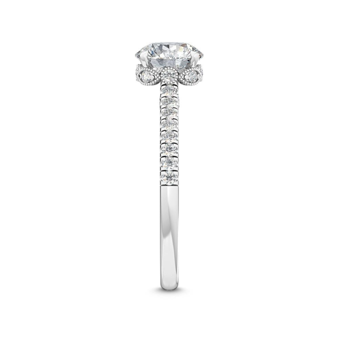 side angle of half eternity band Lunar Round Brilliant Lab Grown Diamond Engagement Ring 18k White Gold