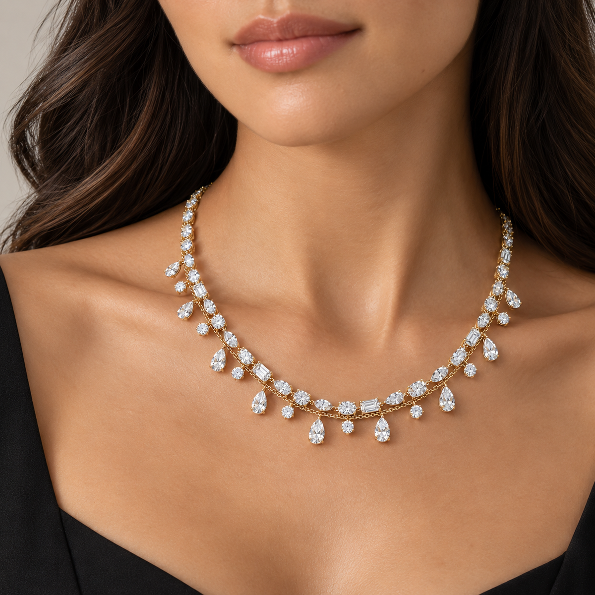 
Pear and round shape lab-grown diamond dancing pendant necklace on a delicate gold chain.
stacked with fancy cut tennis necklace
