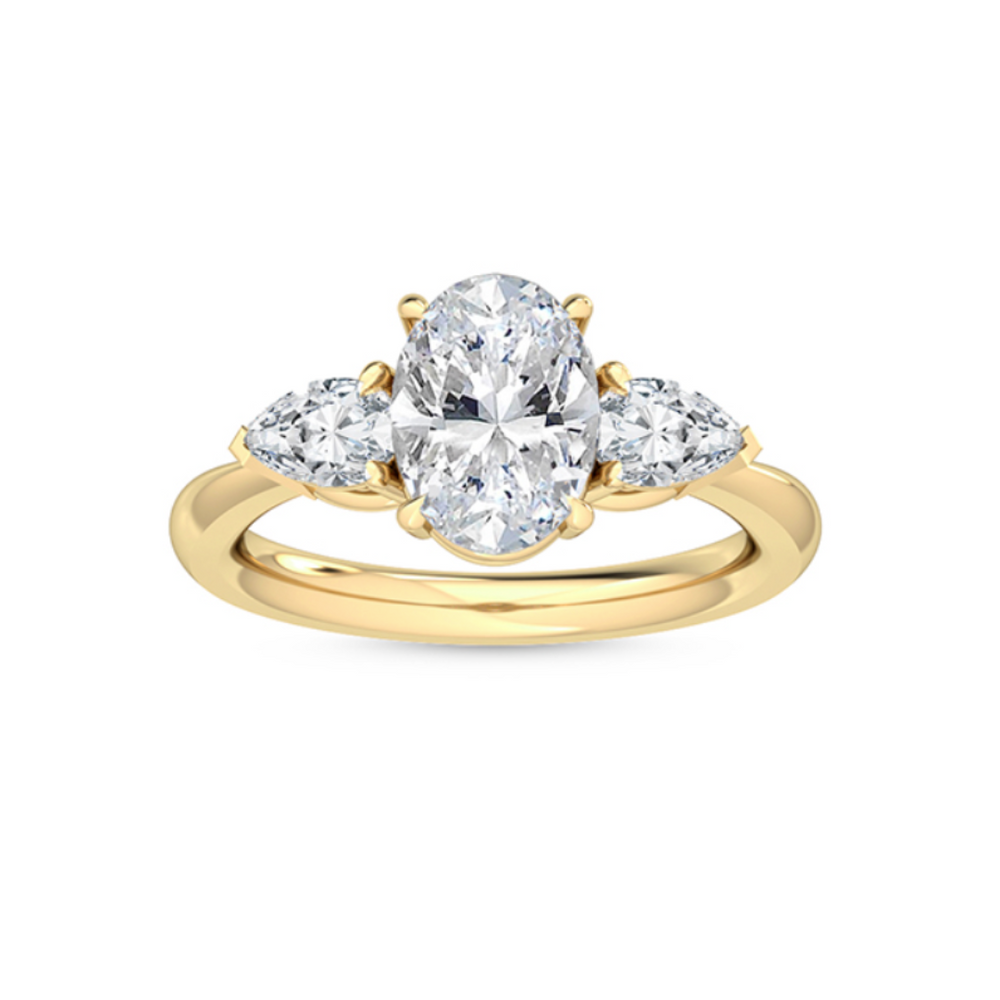 oval cut engagement ring with two pear cut diamonds 
